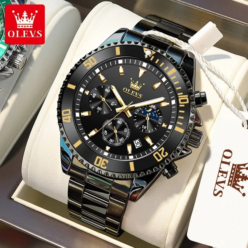 OLEVS 2870 Men's Watches Golden Stainless Steel Calendar Moon Phase Chronograph 42.5mm Big Dial Men's Wristwatches