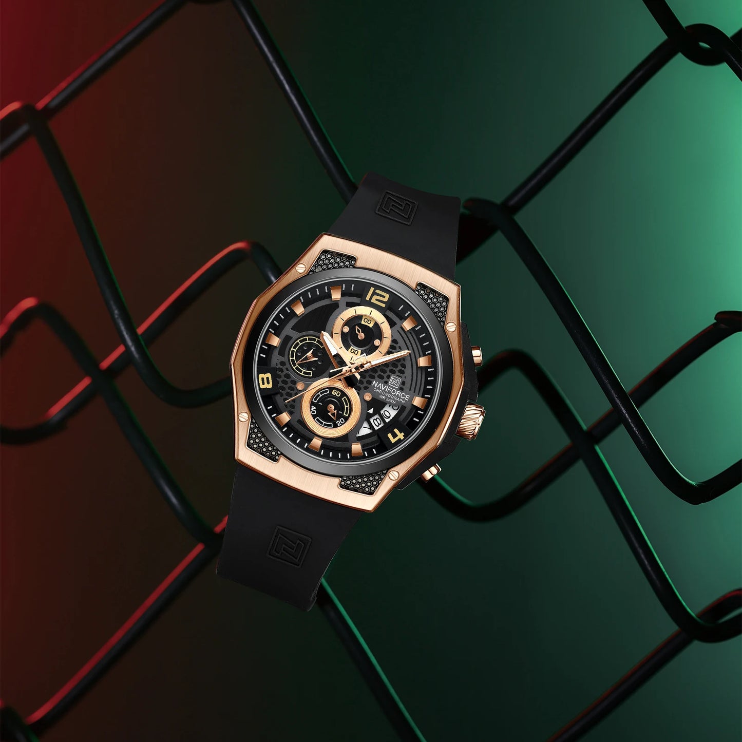 NAVIFORCE Men Sport Watch Fashion Chronograph Silicone Strap Waterproof Calendar Mens Luxury Black Gold Quartz Watches 8051