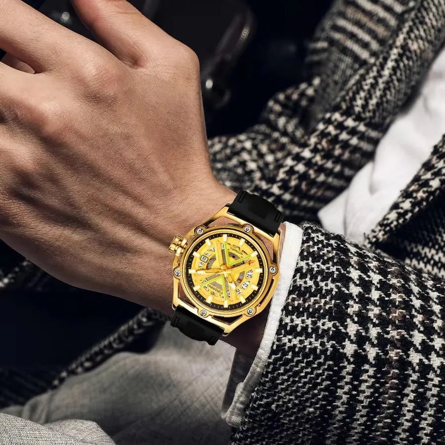 Forsining 8282 New Sports Gold Automatic Mens Watch Fashion Calendar Window Luminous Hands Rubber Luxury Mechanical Watches