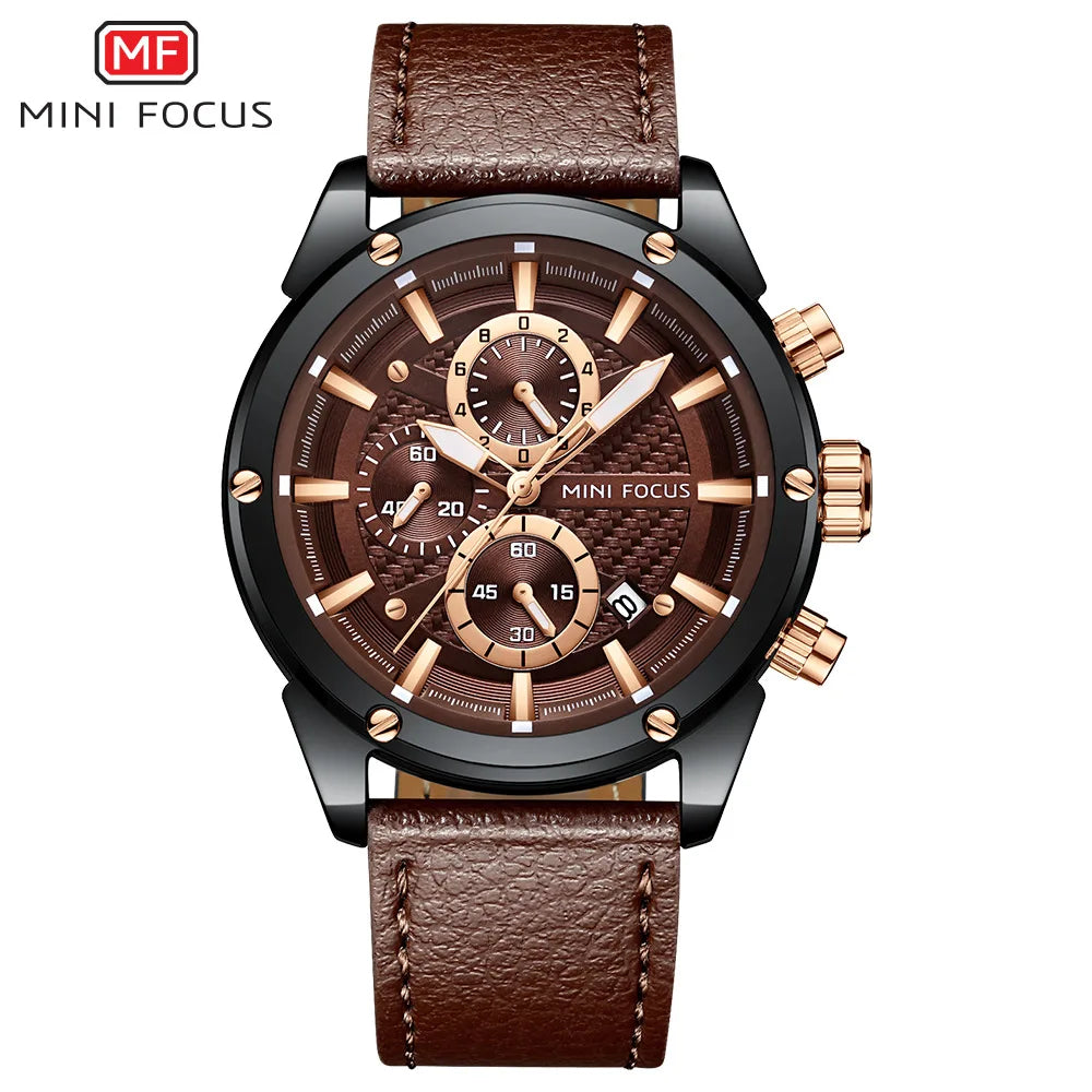 MINI FOCUS Quartz for Men Waterproof Sport Chronograph Wristwatch Blue Leather Strap Clock Fashion Mens Watches 0161G