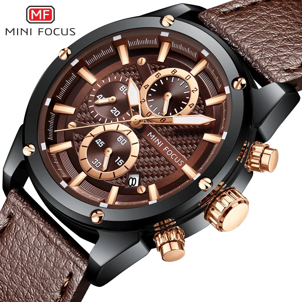 MINI FOCUS Quartz for Men Waterproof Sport Chronograph Wristwatch Blue Leather Strap Clock Fashion Mens Watches 0161G