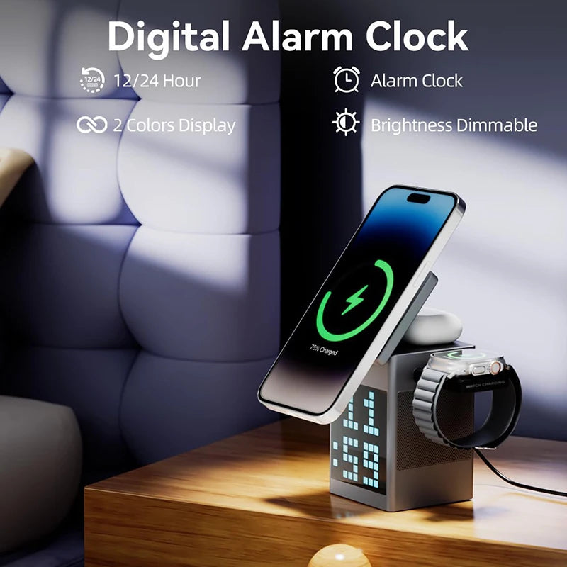 New 3 in 1 Magnetic Wireless Charging Station With Bluetooth Speaker Alarm Clock RGB Pixel Display Fast Charging for iPhone