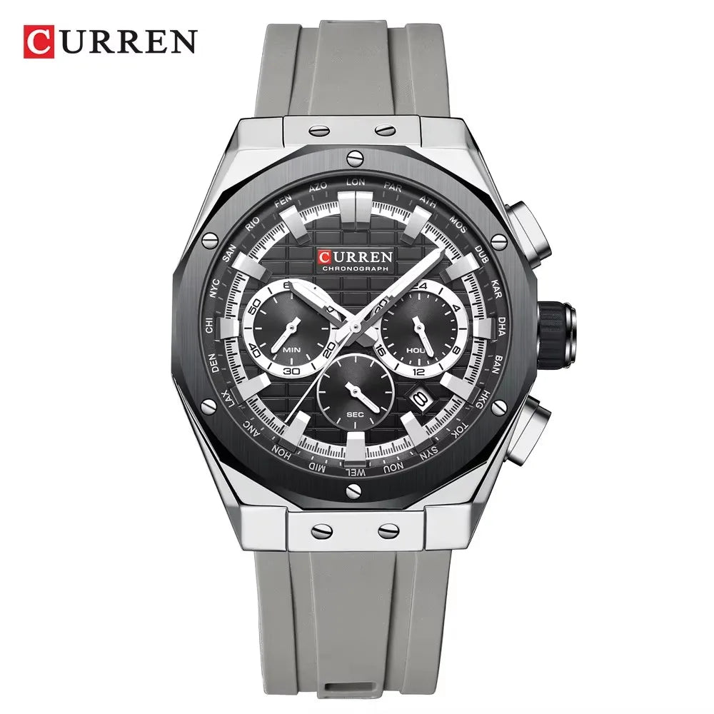 CURREN 8464 Watch for Men 2024 New Multifunctiton Chronograph Men Fashion Blue Silicone Strap Waterproof Calendar Quartz Watches