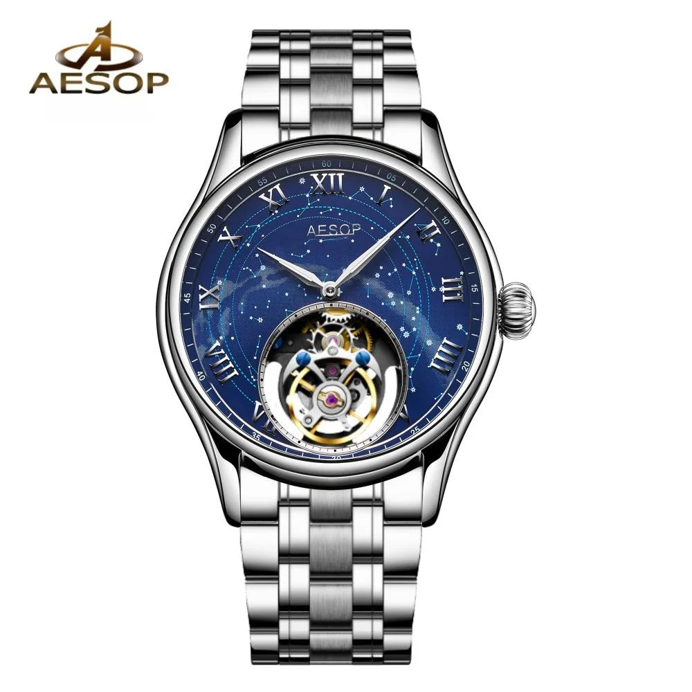 AESOP Starry Sky Tourbillon Watch for Men Fashion Stainless Steel Waterproof Men's Mechanical Watches with Steel Strip