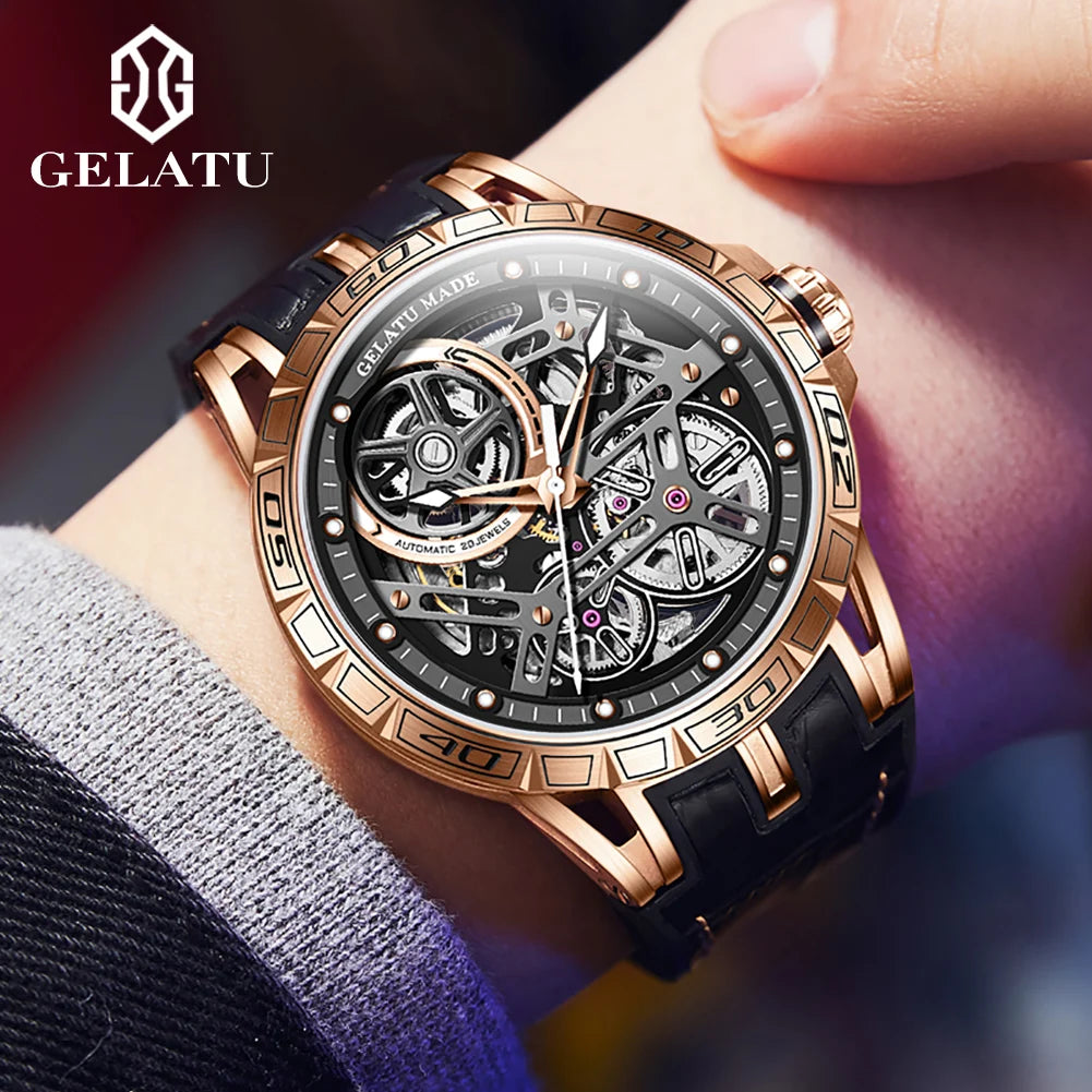 GELATU 6015 Men Watches Luxury Fashion Waterproof Skeleton Sport Hollowed Custom logo Automatic Mechanical Watch for Man