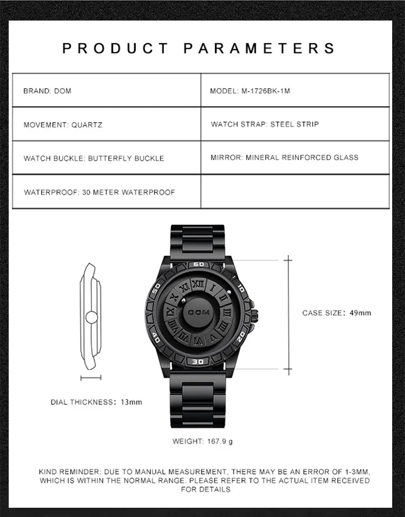 DOM 1726 Classics New Design Magnetic Ball Concept Men Fashion Cool Trend Minimalist Waterproof Leather Quartz Watches
