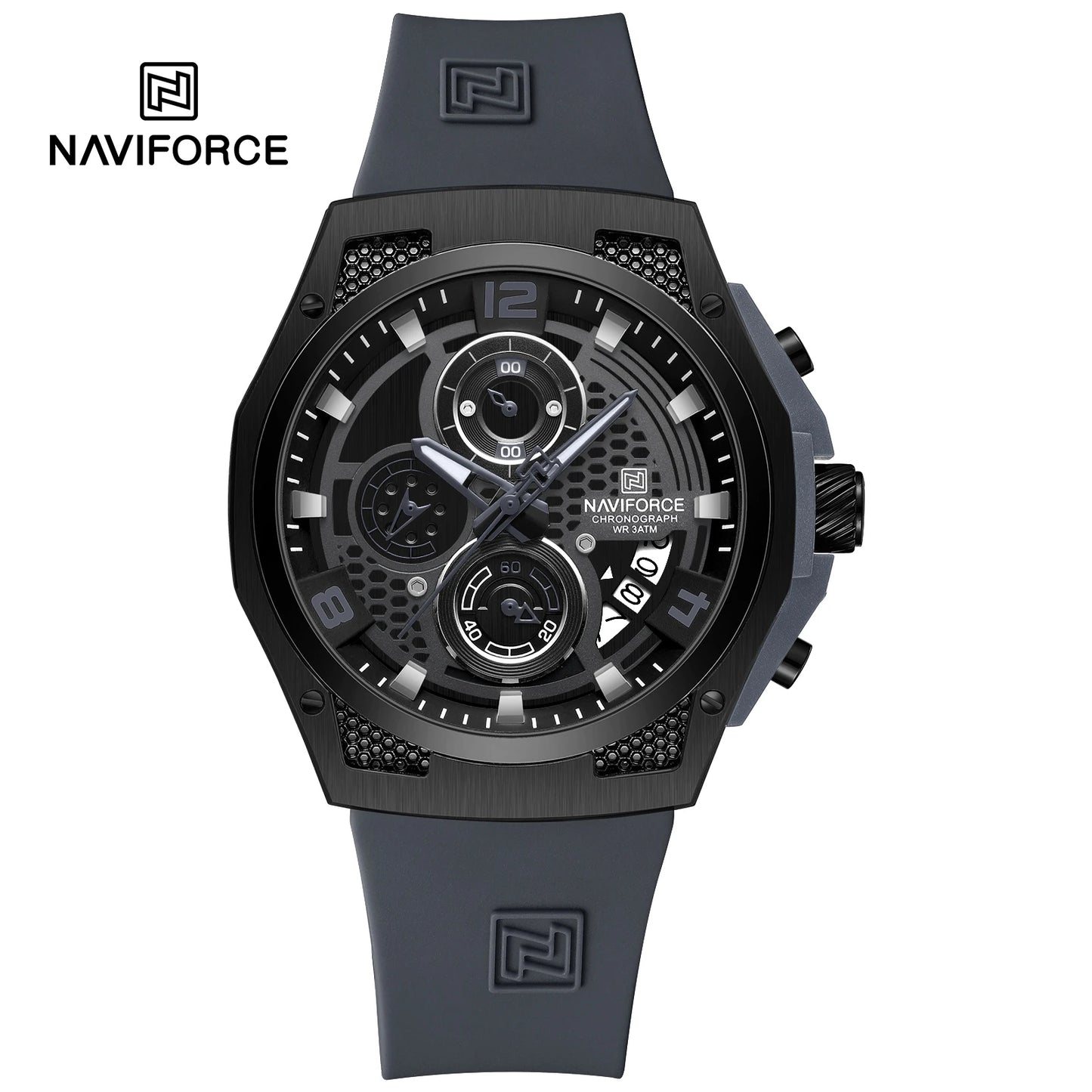 NAVIFORCE Men Sport Watch Fashion Chronograph Silicone Strap Waterproof Calendar Mens Luxury Black Gold Quartz Watches 8051