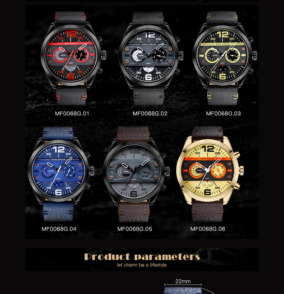 MINI FOCUS 0068G Men's Quartz Watches Leisure Waterproof Sport Chronograph Black Blue Leather Strap Wrist Watch for Male Clock