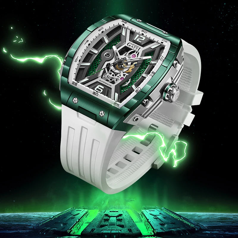 Bonest Gatti Luxury Big Skeleton Dial Mens Watch Moon Phase Tourbillon Rubber Men Automatic Watches