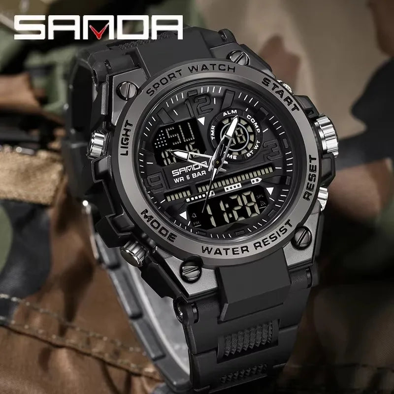 SANDA 6024 2025 Top Brand Men's Watches 5ATM Waterproof Sport Digital Wristwatch Quartz Watch for Men Clock Relogio Masculino