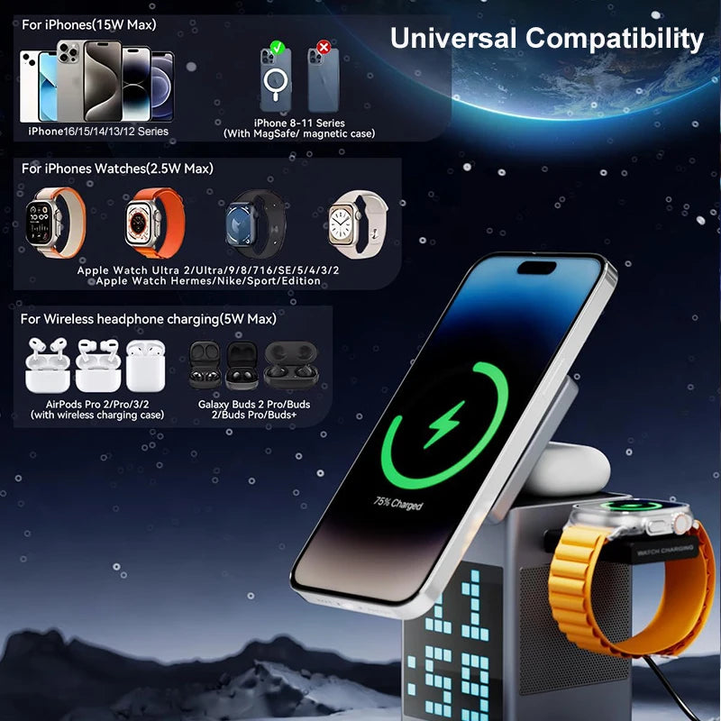 New 3 in 1 Magnetic Wireless Charging Station With Bluetooth Speaker Alarm Clock RGB Pixel Display Fast Charging for iPhone