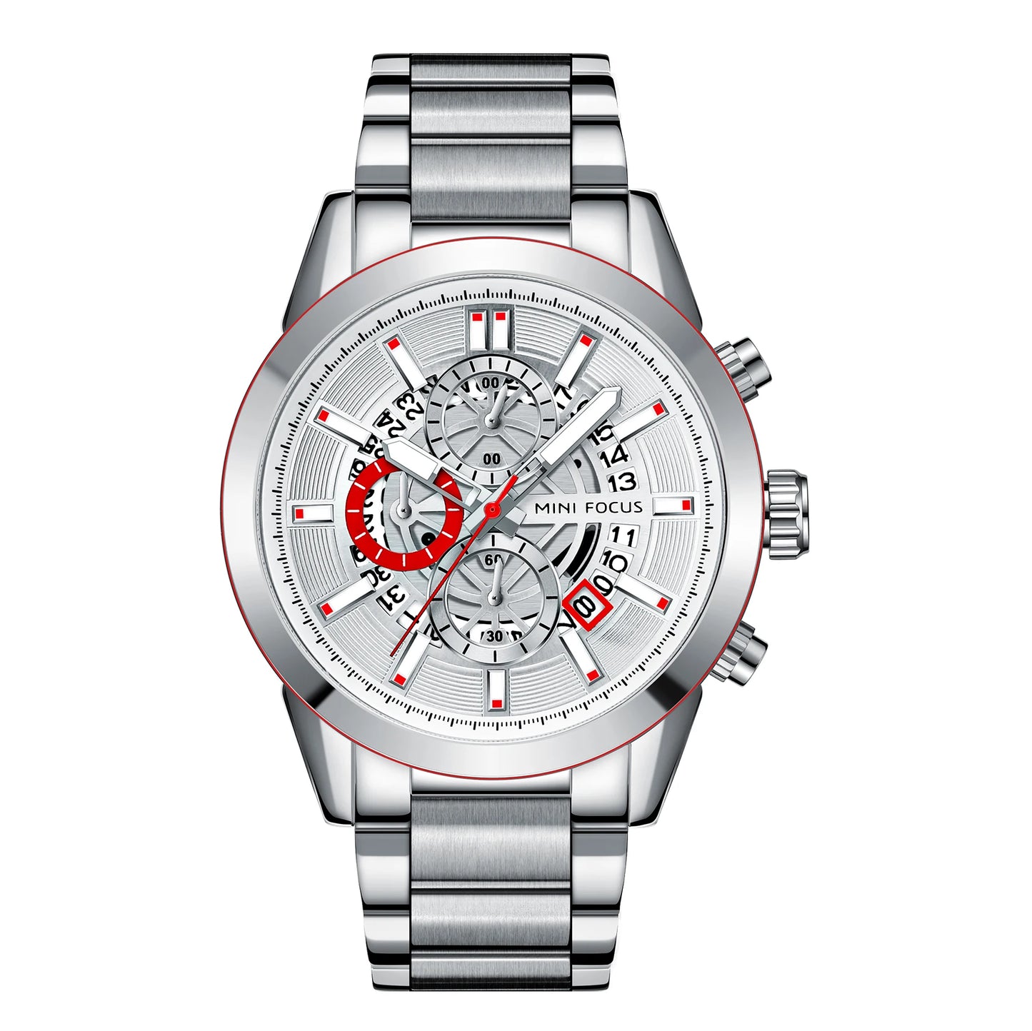 Montre Homme MINI FOCUS MF0285G Luxury Quartz Watch Sports Waterproof Calendar Silver Stainless Steel Band Men Wrist Watches