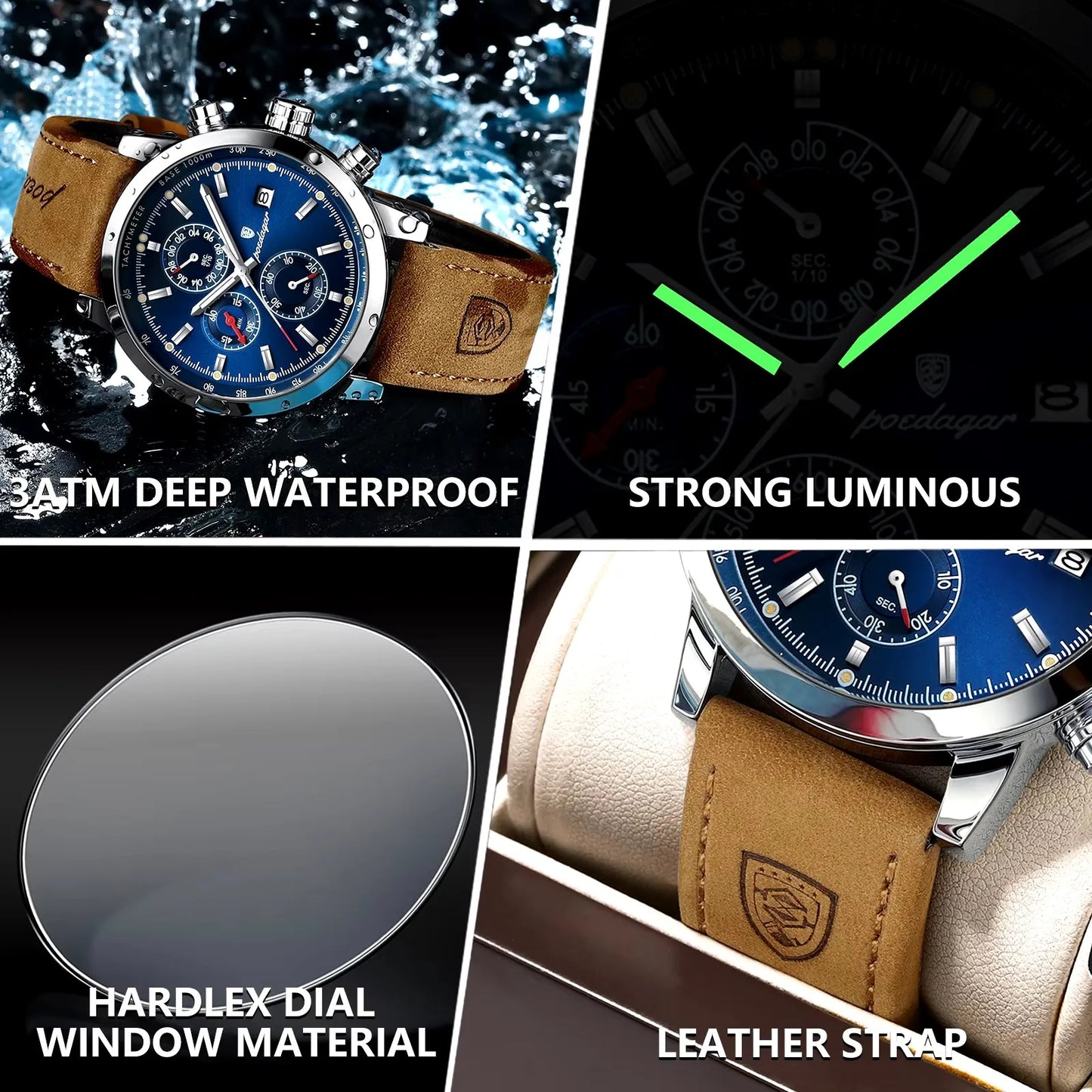 POEDAGAR 932 NewLuxury Wristwatch for Man Waterproof Luminous Chronograph Men Sports Leather Quartz Watches Reloj