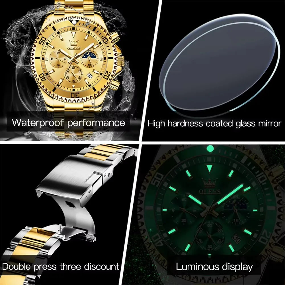 OLEVS 2870 Men's Watches Golden Stainless Steel Calendar Moon Phase Chronograph 42.5mm Big Dial Men's Wristwatches