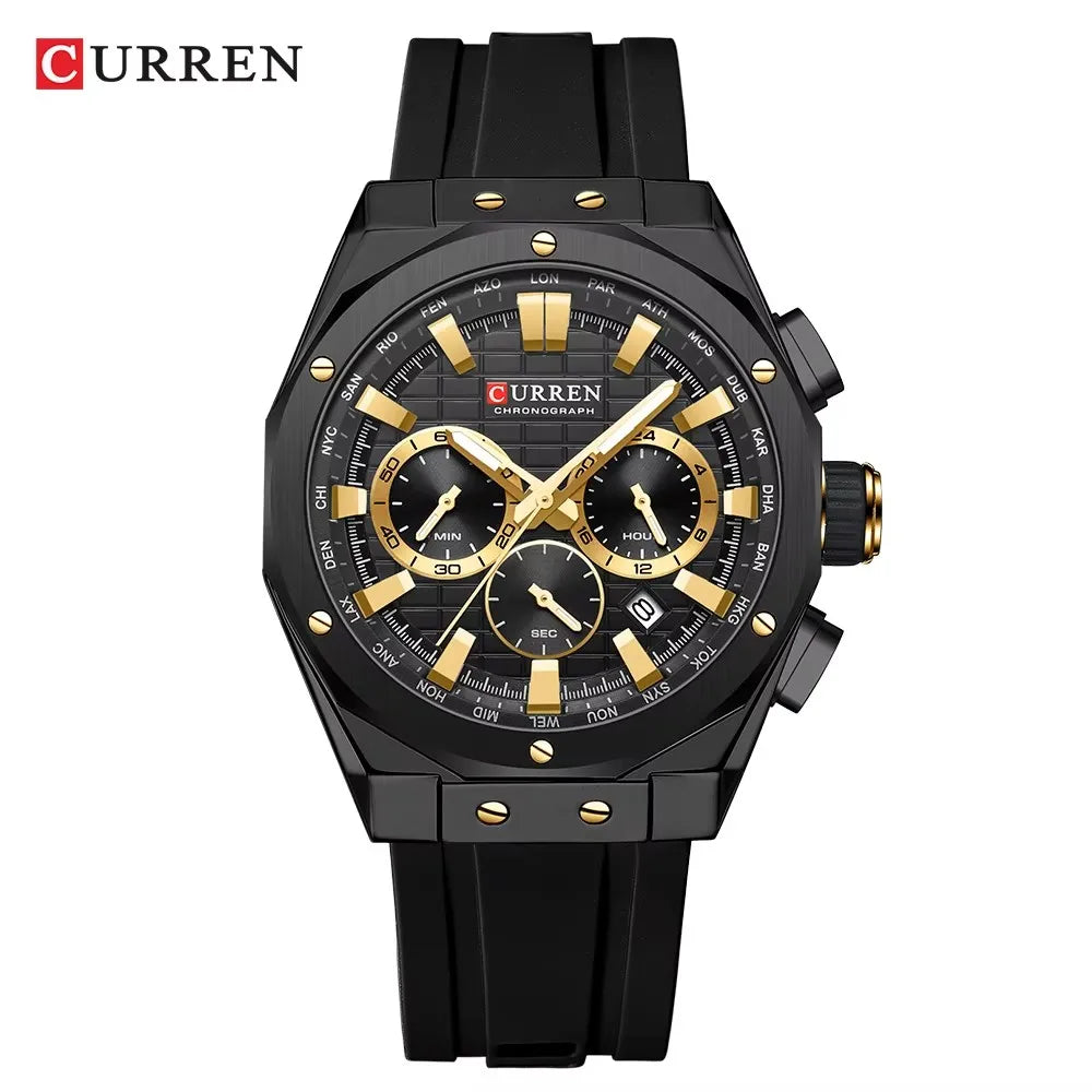 CURREN 8464 Watch for Men 2024 New Multifunctiton Chronograph Men Fashion Blue Silicone Strap Waterproof Calendar Quartz Watches