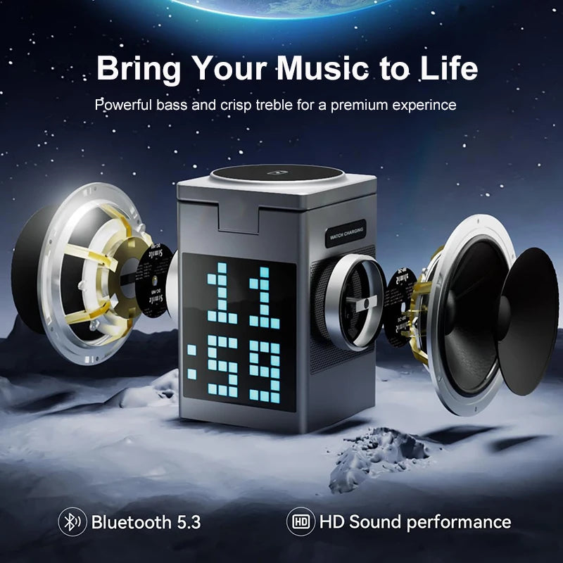 New 3 in 1 Magnetic Wireless Charging Station With Bluetooth Speaker Alarm Clock RGB Pixel Display Fast Charging for iPhone