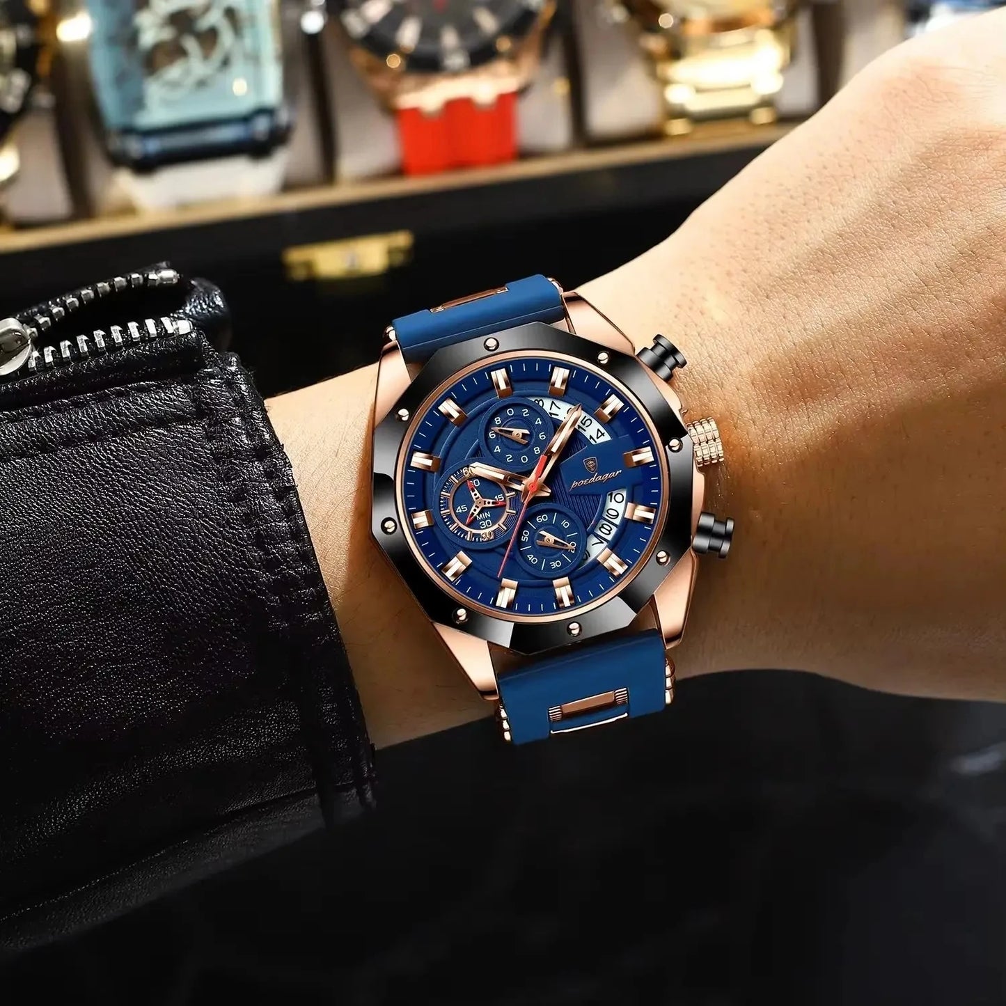 POEDAGAR 913 Fashion Luminous Hands Male Wristwatches Luxury Small Three Dial Sport Chronograph Calendar Silicone Strap Watches