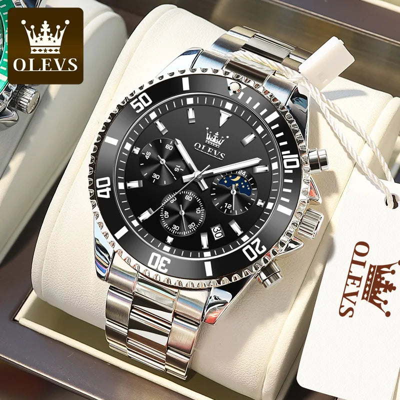 OLEVS 2870 Men's Watches Golden Stainless Steel Calendar Moon Phase Chronograph 42.5mm Big Dial Men's Wristwatches