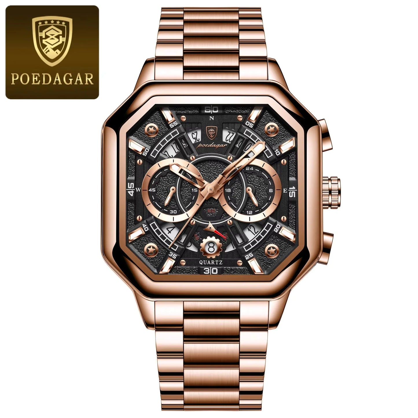 POEDAGAR 983 Men Square Waterproof Luminous Hands Watch Luxury Chronograph Sports Quartz Reloj Hombre Men's Stainless Watches