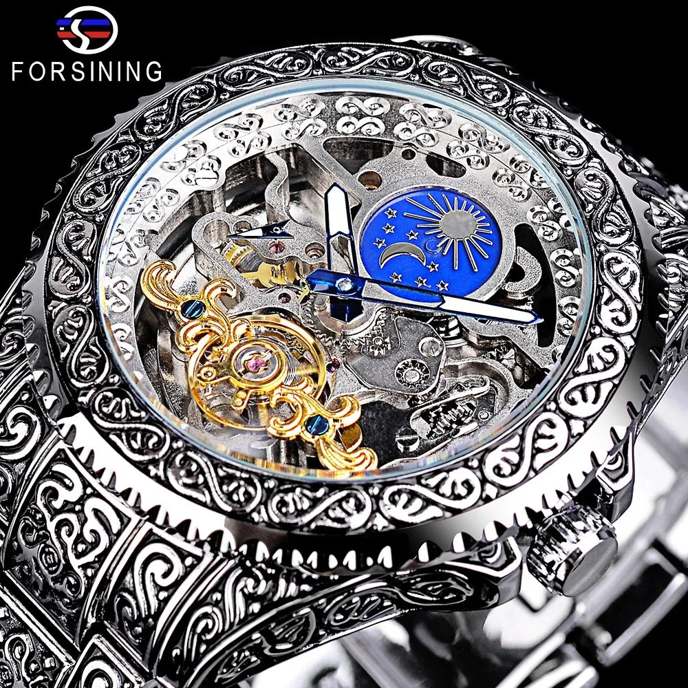 Hot Sale Vintage Engraved Skeleton Tourbillon Mechanical Men's Watches Luxury Moon Phase Clock Wholesale Watches