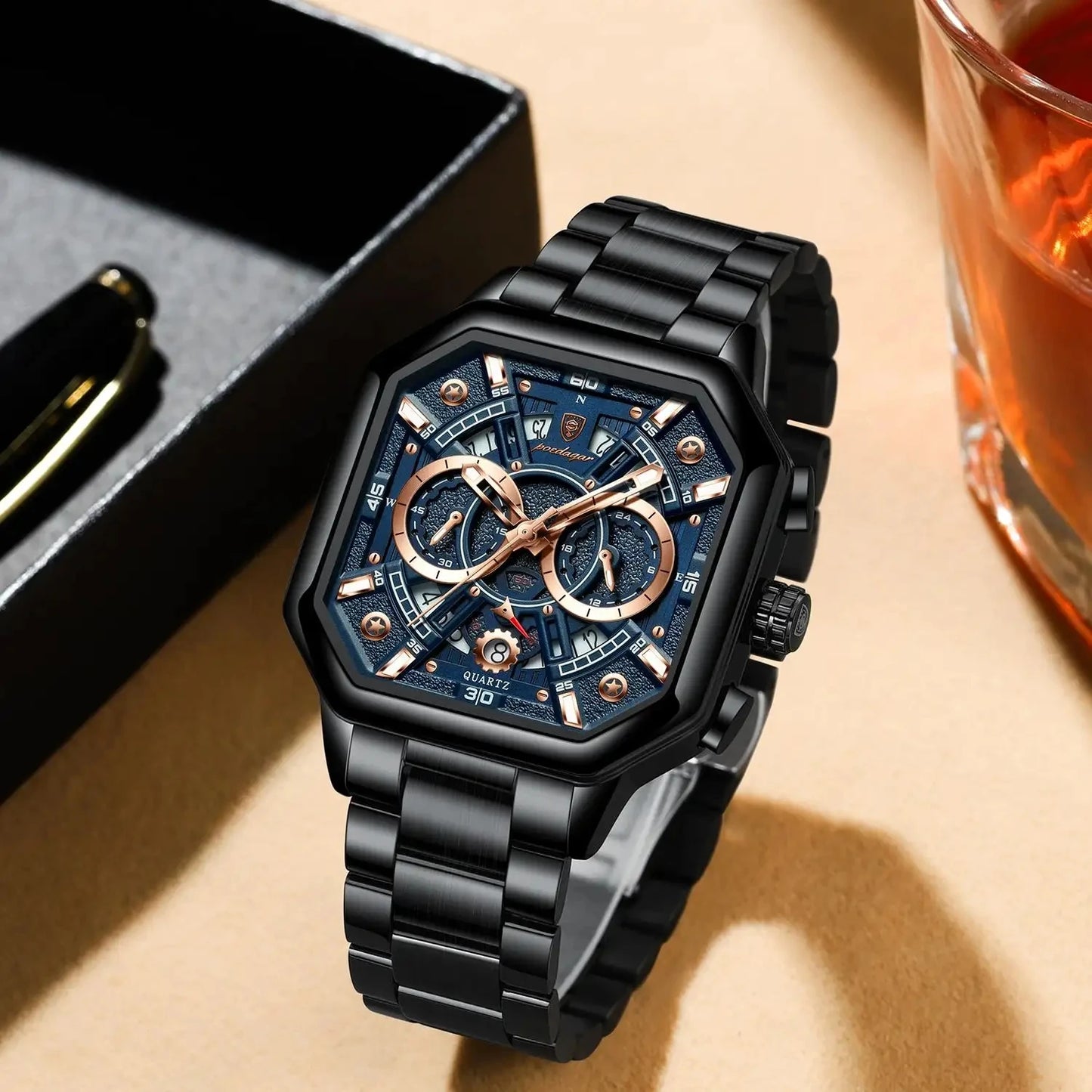 POEDAGAR 983 Men Square Waterproof Luminous Hands Watch Luxury Chronograph Sports Quartz Reloj Hombre Men's Stainless Watches
