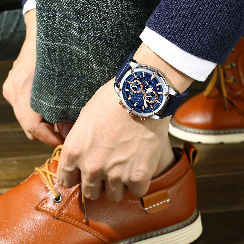 MINI FOCUS Quartz for Men Waterproof Sport Chronograph Wristwatch Blue Leather Strap Clock Fashion Mens Watches 0161G