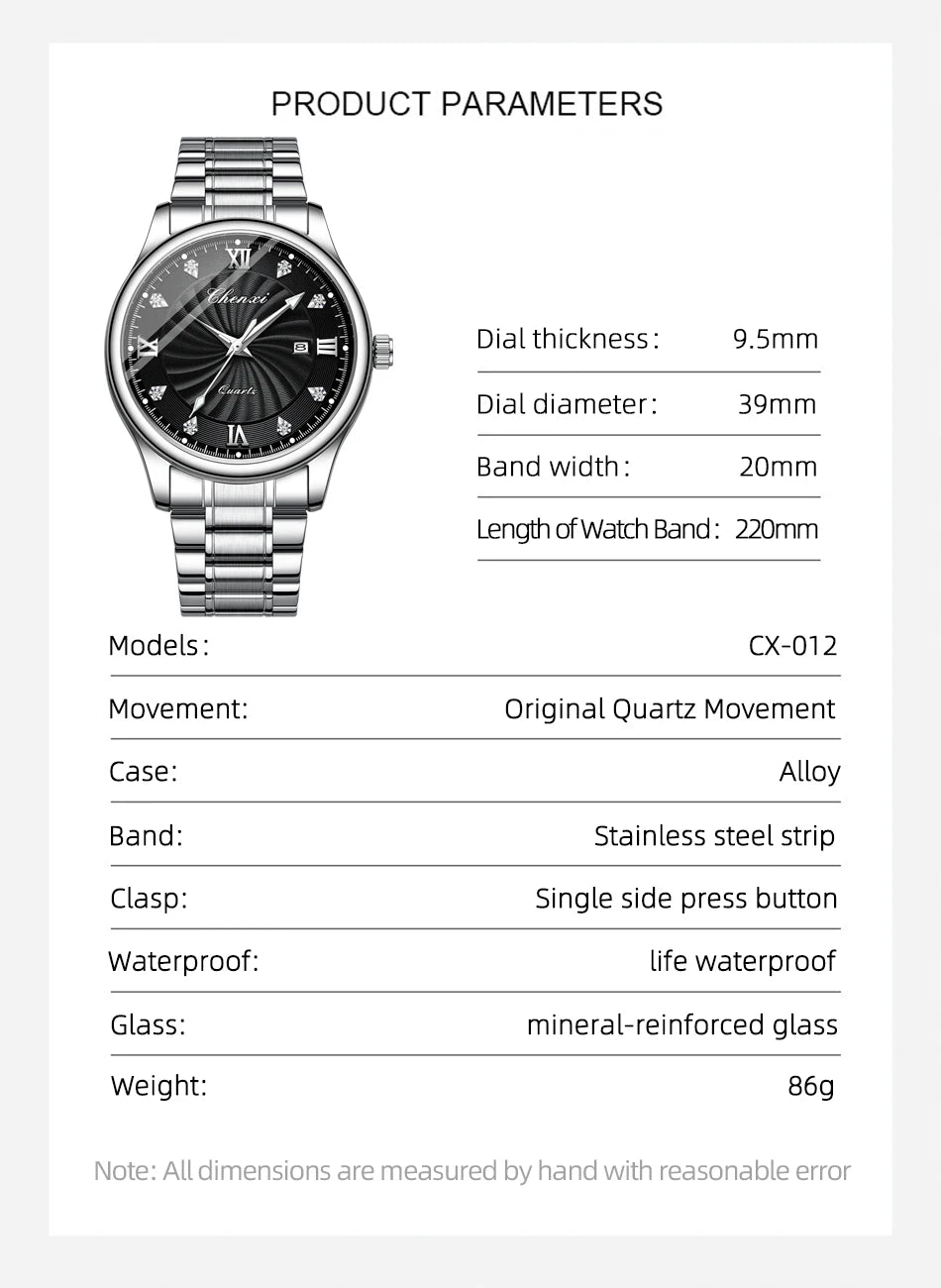 CHENXI 012 Diamond Watch for Men Stainless Steel Strap Man Sport Quartz Watches Fashion Silver White Bracelet Mens Wristwatches