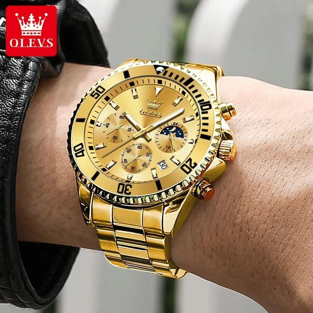 OLEVS 2870 Men's Watches Golden Stainless Steel Calendar Moon Phase Chronograph 42.5mm Big Dial Men's Wristwatches