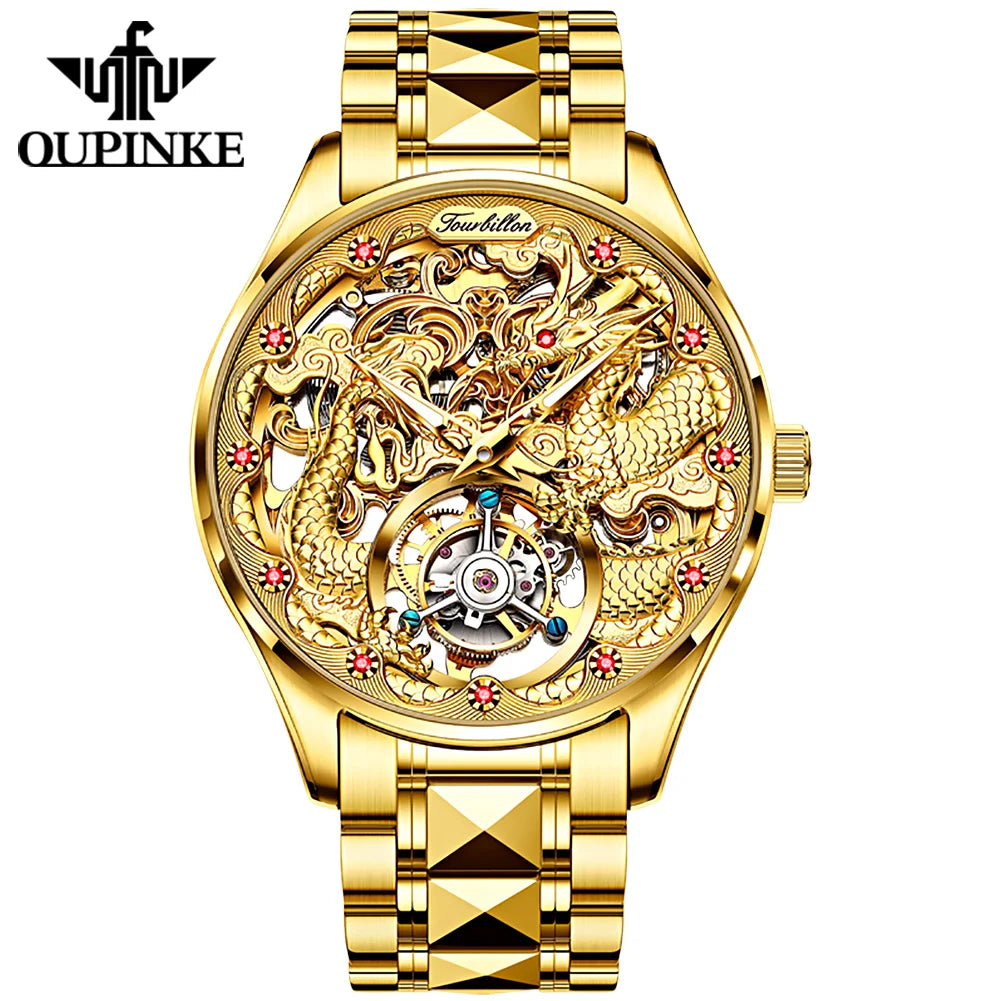 OUPINKE 3176 New Luxury Automatic Mesh Belt Mechanical Watches Waterproof Luminous Hollow Tourbillon Stainless Steel Strap Watch