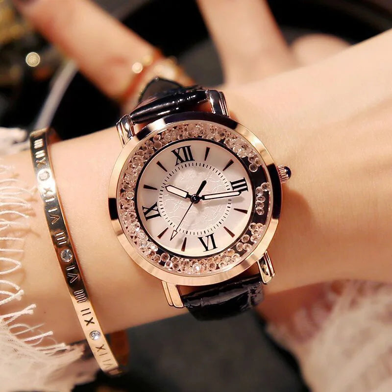 Woman Watch Simple Quartz Wrist Watches for Women Leather Strap Crystal Beads Round Dial Wristwatches Dress Clock Reloj Mujer
