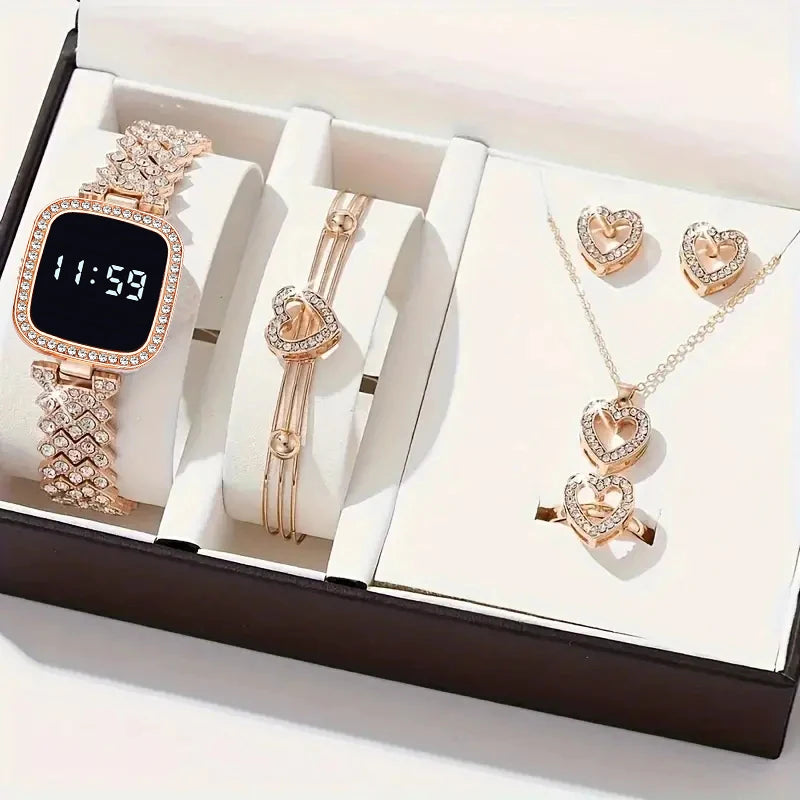 Women Led Watch 6pcs Set Fashion Casual Digital Watch FREE Bracelet Ring Necklace Earring