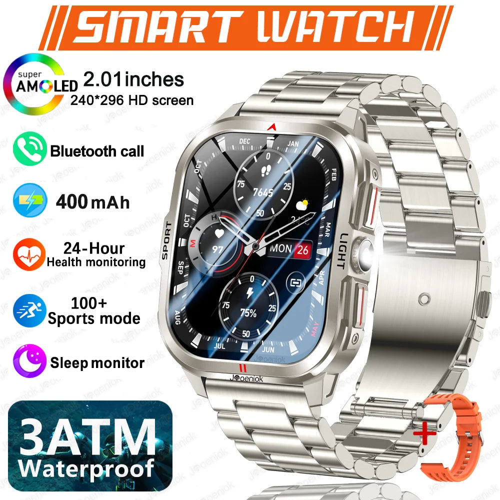 2025 New Smart Watch Men 2.01"HD Screen 3ATM Waterproof Flashlight Health Monitor 400mAh Battery Sport Bluetooth Call Smartwatch