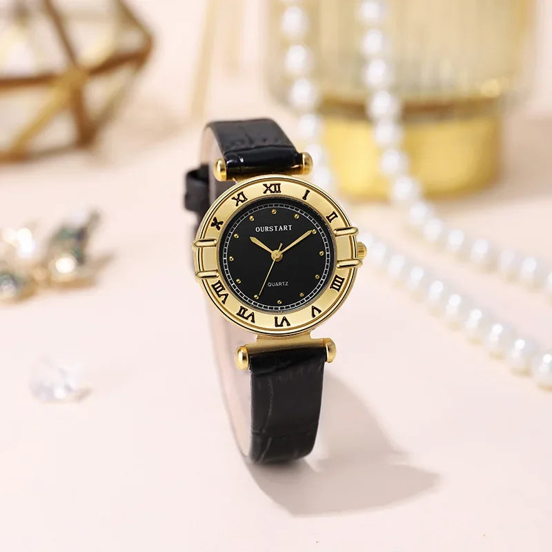 Woman Watch Simple Quartz Wrist Watches for Women Leather Strap Crystal Beads Round Dial Wristwatches Dress Clock Reloj Mujer