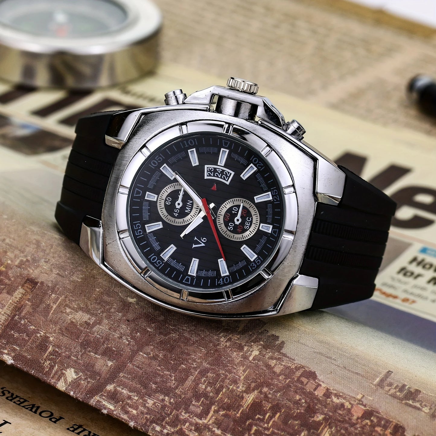 New silicone fashionable outdoor sports watch for men's three eye calendar multifunctional large dial quartz men's watch