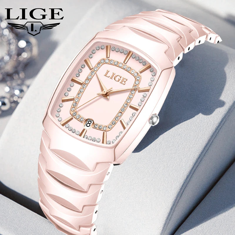 LIGE Elegant Luxury Watches for Woman Classic Fashion Casual Ceramic Strap Auto Date Waterproof Quartz Women's Watch Ladies Gift
