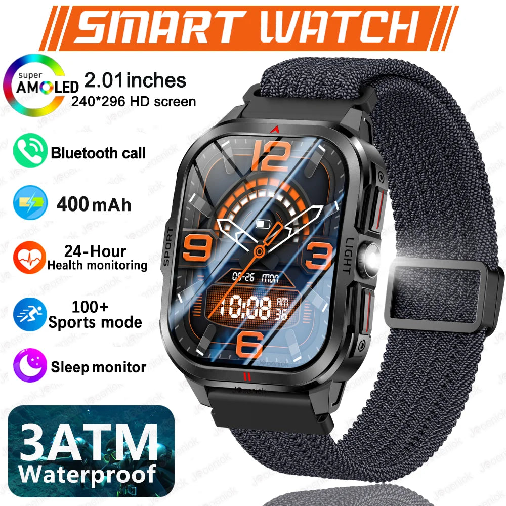 2025 New Smart Watch Men 2.01"HD Screen 3ATM Waterproof Flashlight Health Monitor 400mAh Battery Sport Bluetooth Call Smartwatch