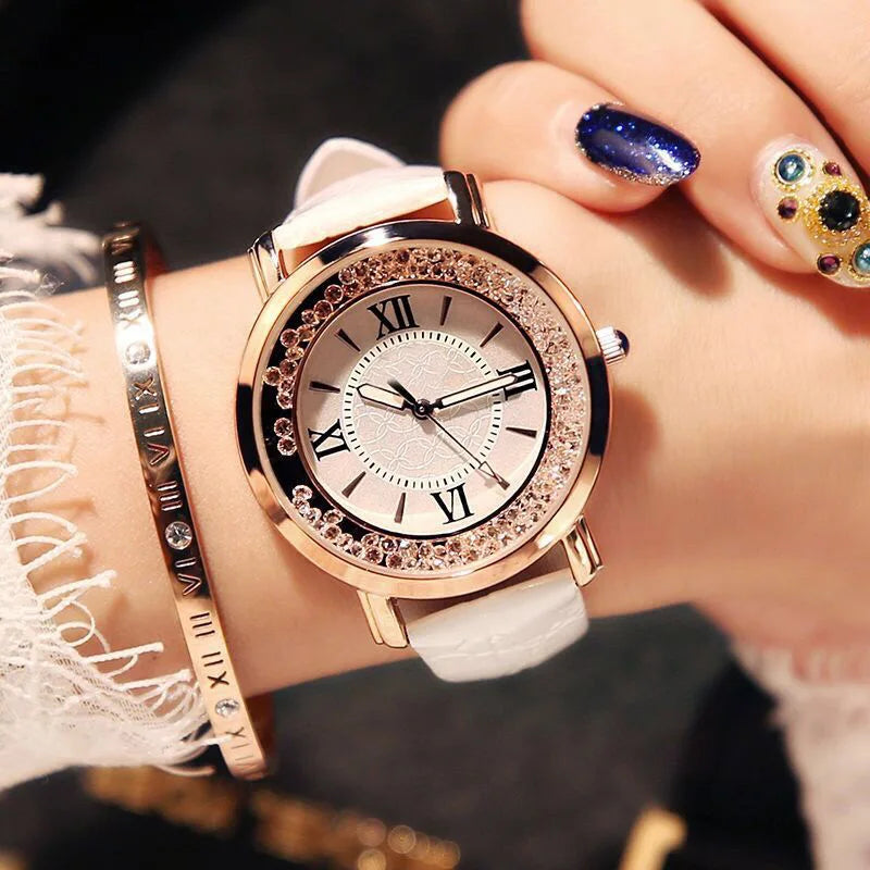 Woman Watch Simple Quartz Wrist Watches for Women Leather Strap Crystal Beads Round Dial Wristwatches Dress Clock Reloj Mujer