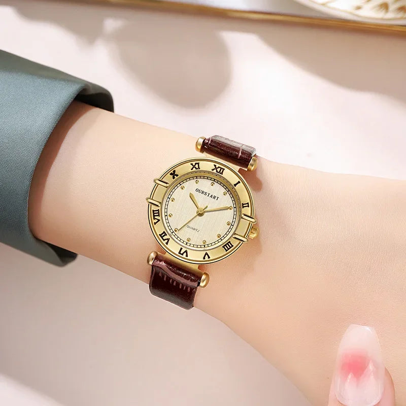 Woman Watch Simple Quartz Wrist Watches for Women Leather Strap Crystal Beads Round Dial Wristwatches Dress Clock Reloj Mujer