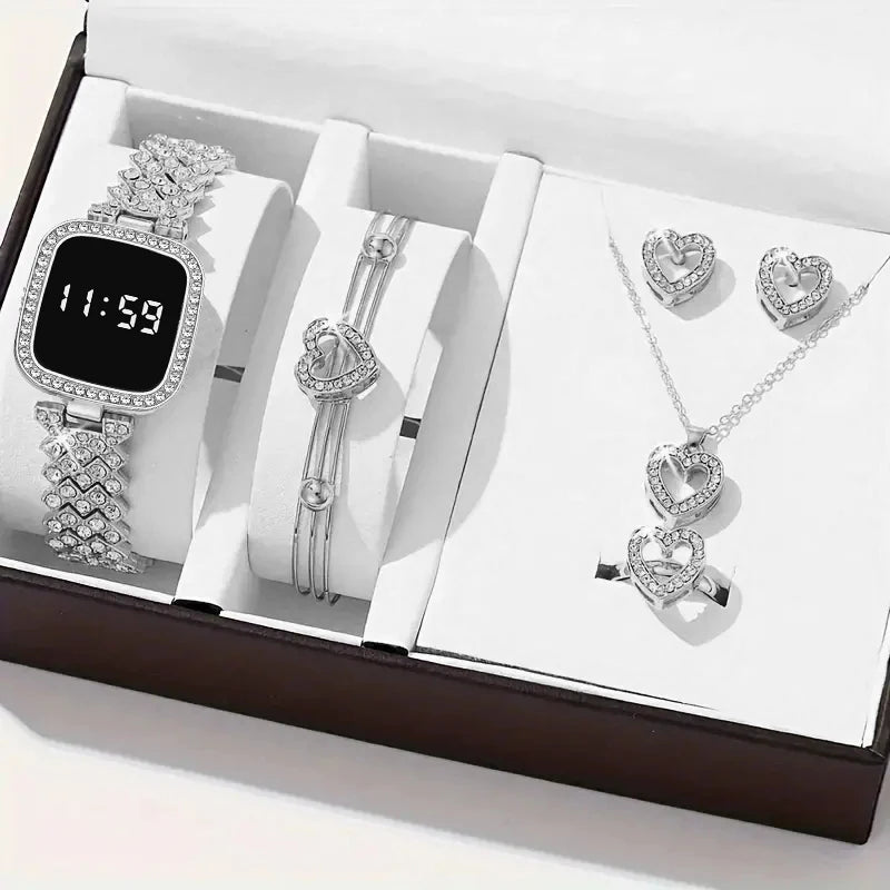 Women Led Watch 6pcs Set Fashion Casual Digital Watch FREE Bracelet Ring Necklace Earring