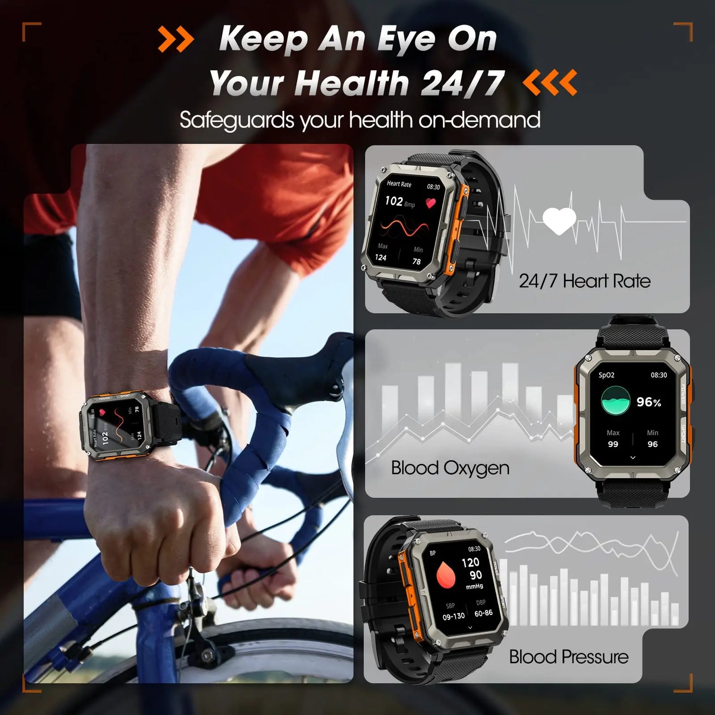 Smart Watch for Men with Blood Pressure,Tactical Smartwatch for Android and iPhone,Waterproof Outdoor Sports Fitness Tracker