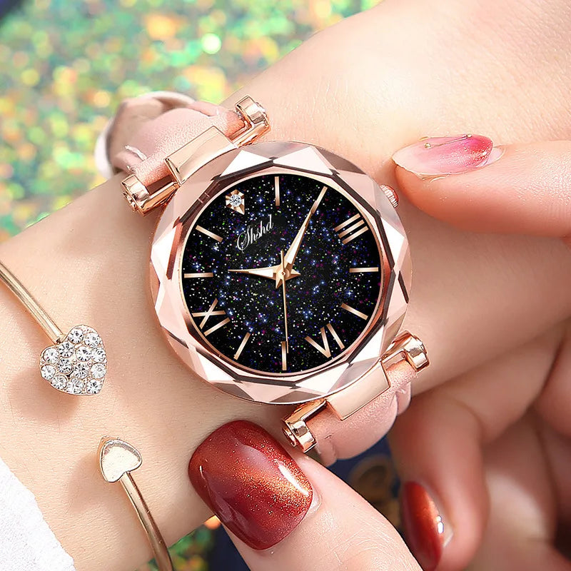 Woman Watch Simple Quartz Wrist Watches for Women Leather Strap Crystal Beads Round Dial Wristwatches Dress Clock Reloj Mujer