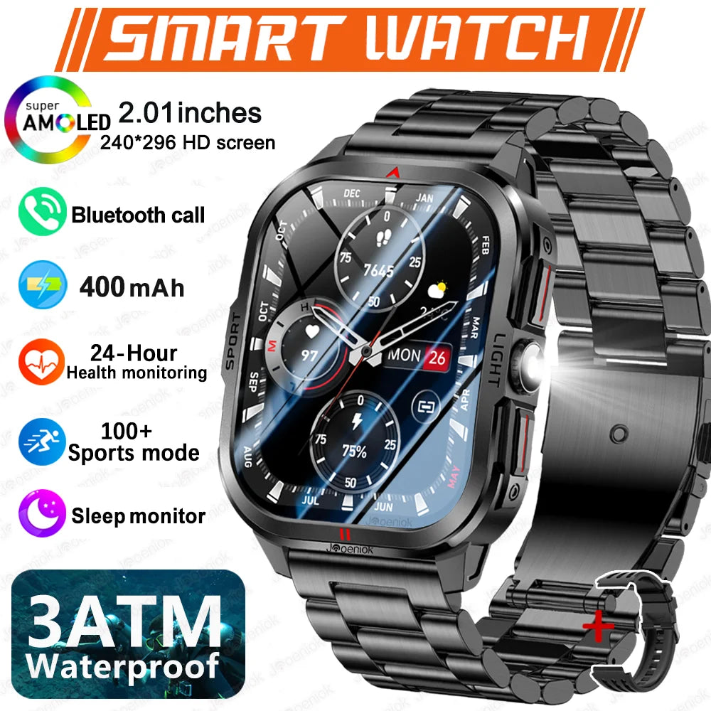 2025 New Smart Watch Men 2.01"HD Screen 3ATM Waterproof Flashlight Health Monitor 400mAh Battery Sport Bluetooth Call Smartwatch
