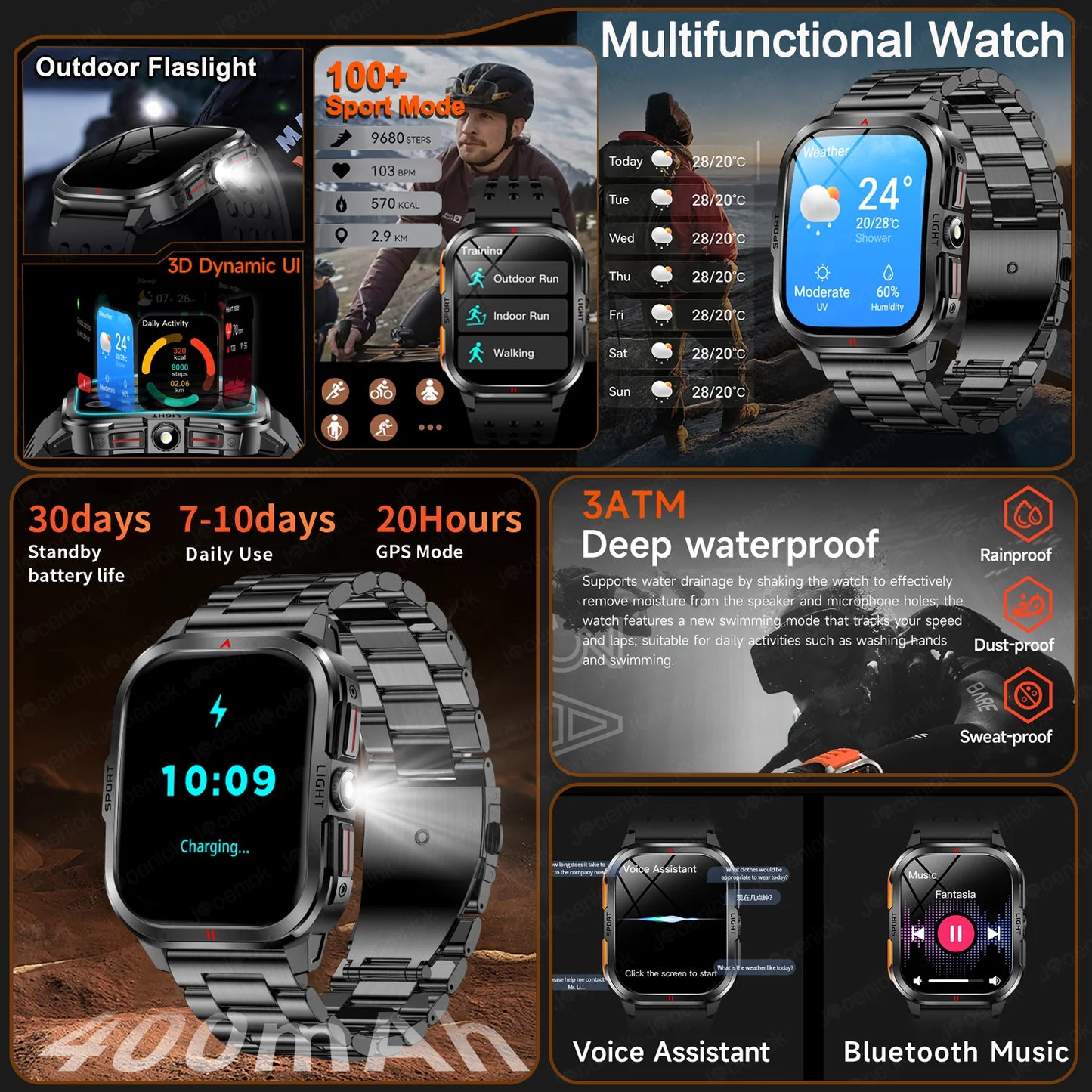 2025 New Smart Watch Men 2.01"HD Screen 3ATM Waterproof Flashlight Health Monitor 400mAh Battery Sport Bluetooth Call Smartwatch