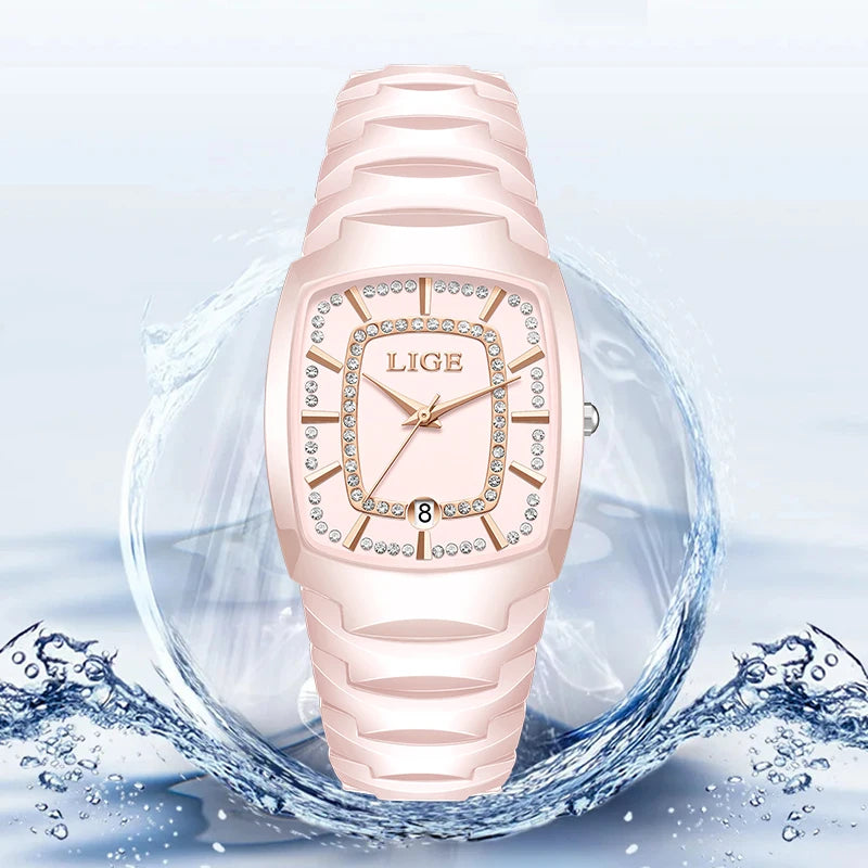 LIGE Elegant Luxury Watches for Woman Classic Fashion Casual Ceramic Strap Auto Date Waterproof Quartz Women's Watch Ladies Gift