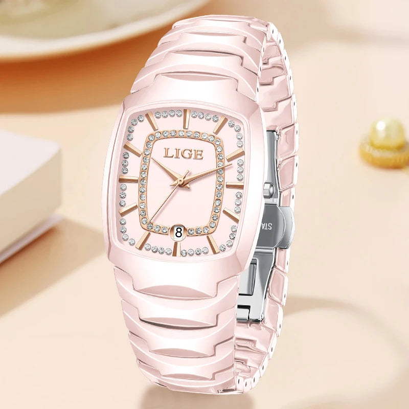 LIGE Elegant Luxury Watches for Woman Classic Fashion Casual Ceramic Strap Auto Date Waterproof Quartz Women's Watch Ladies Gift