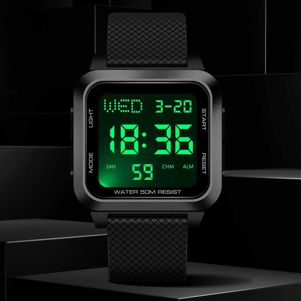 Men's sports watch, electronic waterproof LED digital watch, student alarm clock, countdown square electronic watch