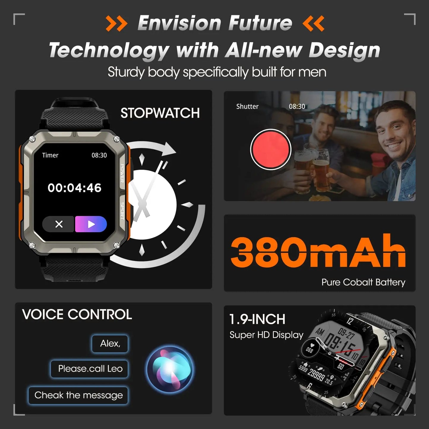 Smart Watch for Men with Blood Pressure,Tactical Smartwatch for Android and iPhone,Waterproof Outdoor Sports Fitness Tracker
