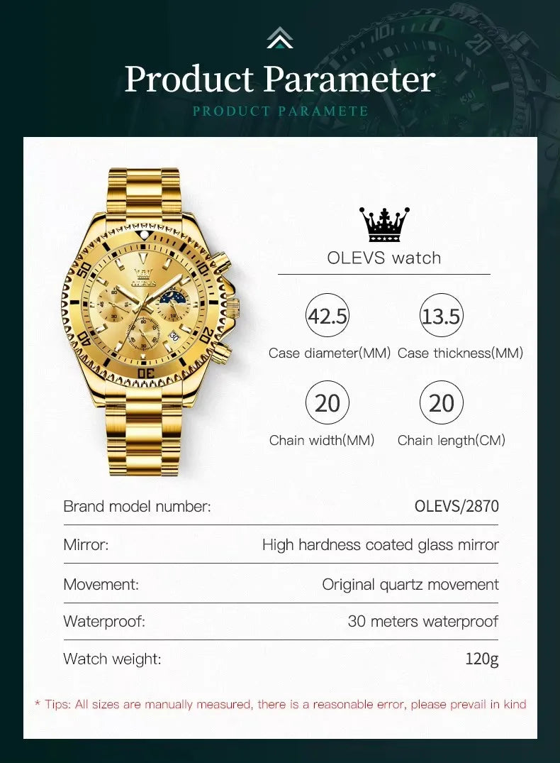 OLEVS 2870 Men's Watches Golden Stainless Steel Calendar Moon Phase Chronograph 42.5mm Big Dial Men's Wristwatches