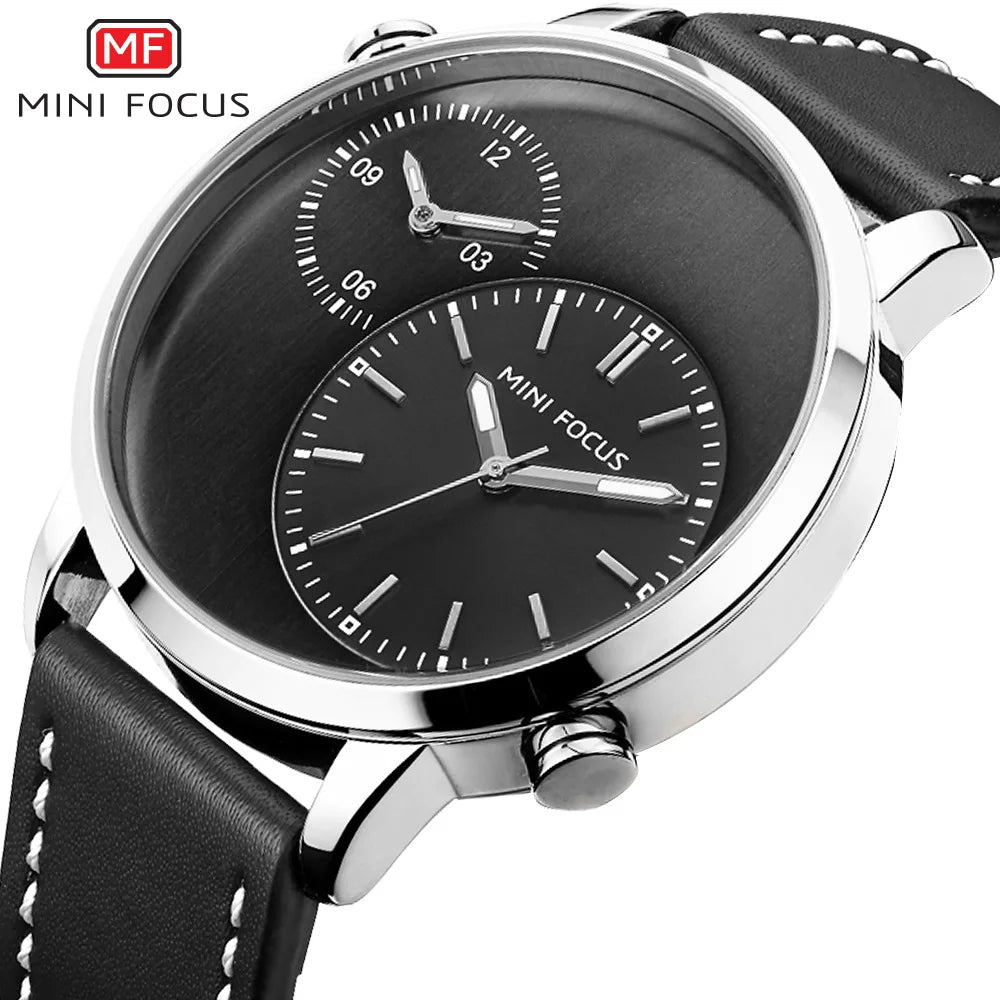MINI FOCUS Fashion Genuine Leather Business 2 Time Zone Quartz-Watch Men Wristwatch Men Watches Fashion Casual Man Watch 0035G