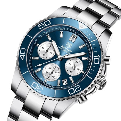 BENYAR S002 Stainless Steel Men Waterproof Wristwatch Japan Chronograph Quartz Benyar Watches Reloj Hombre